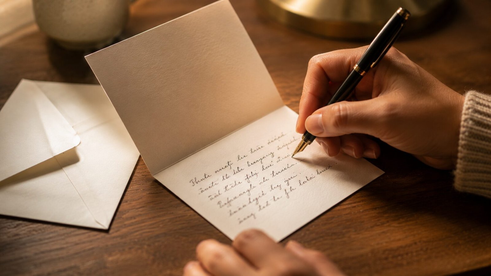 Close-up of a person handwriting a sympathy card beside an envelope on a warm wooden table under soft evening light.