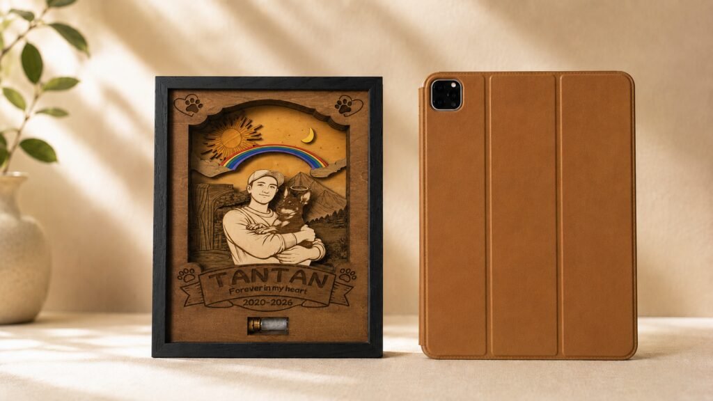 Personalized wooden pet memorial shadow box displayed beside a tablet for size reference, featuring a custom engraved portrait, rainbow bridge design, and fur keepsake vial in warm natural lighting.