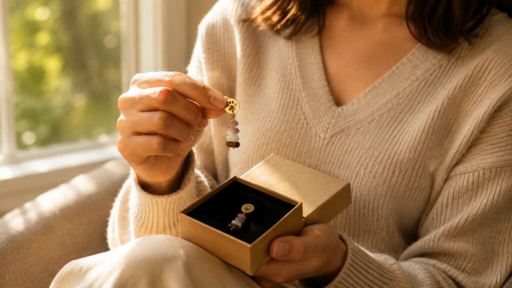 Warm lifestyle photo of a person holding handmade paw print gemstone earrings above a kraft jewelry gift box near a sunlit window, creating a cozy sentimental gifting atmosphere.