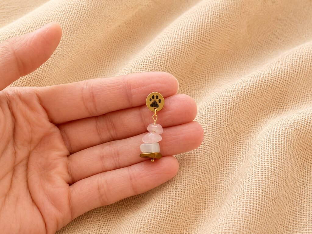 Hand holding a handmade paw print gemstone earring for size reference against soft beige linen fabric, showing the delicate scale and natural stone details.