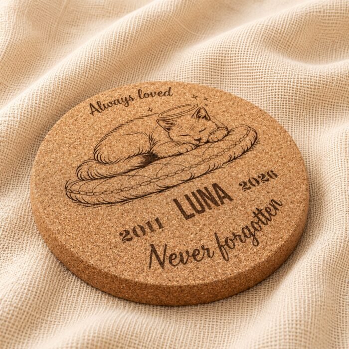 Personalized Cork Pet Memorial Coaster with Sleeping Cat Design Close-up angled photograph of a personalized round cork pet memorial coaster engraved with a sleeping cat illustration, the name Luna, memorial years 2011–2026, and the phrase “Never forgotten,” displayed on soft neutral linen fabric.