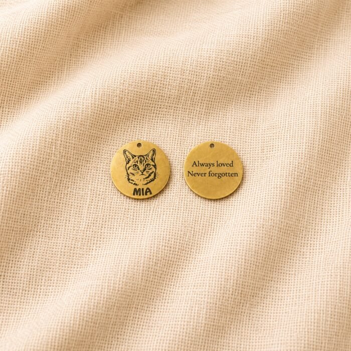 Front and back view of a personalized gold pet memorial charm displayed on cream linen fabric, featuring an engraved cat portrait and the message “Always loved Never forgotten.”