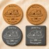 Pet Memorial Coaster Material & Shape Options with Cork and Slate Comparison of personalized pet memorial coaster options in cork and slate materials with round and square shapes on neutral linen fabric.