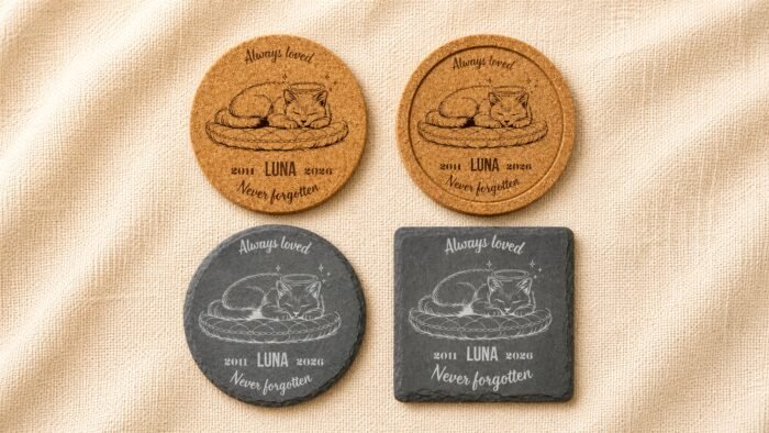 Pet Memorial Coaster Material & Shape Options with Cork and Slate Comparison of personalized pet memorial coaster options in cork and slate materials with round and square shapes on neutral linen fabric.