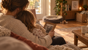 Parent comforting a young child while holding a framed photo of their late dog in a warm family home, reflecting shared pet loss and grief.