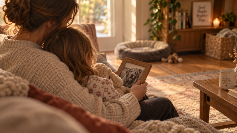 Parent comforting a young child while holding a framed photo of their late dog in a warm family home, reflecting shared pet loss and grief.