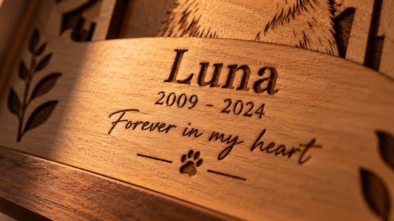Close-up of a personalized wooden pet memorial engraved with the name Luna, memorial dates, paw print, and “Forever in my heart” message.