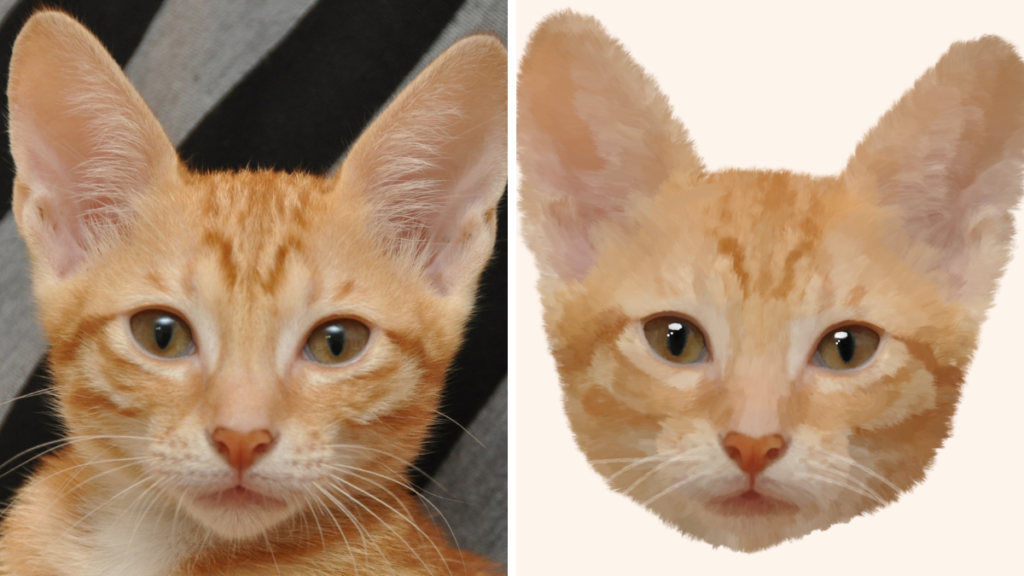 Side-by-side comparison of an orange tabby kitten's original photo and custom oil painting style pet portrait, featuring golden fur, large ears, and expressive amber eyes.