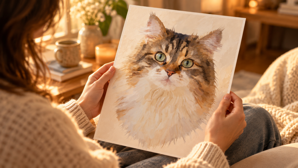 Woman holding a personalized oil painting style pet portrait of a fluffy brown tabby cat with green eyes, celebrating a cherished pet memory in a cozy, sunlit home.