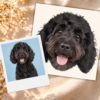 Before-and-after custom oil painting style pet portrait of a black curly-haired dog, showing the original pet photo beside personalized digital dog artwork on warm cream linen.