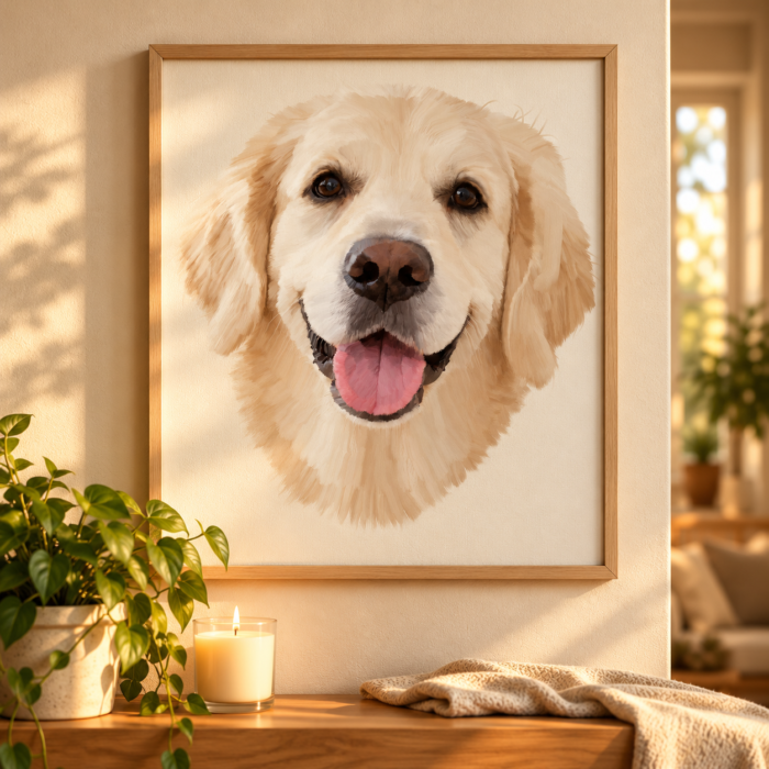 Framed custom oil painting style portrait of a smiling Golden Retriever with golden fur, displayed in a wooden frame in a cozy, sunlit home.