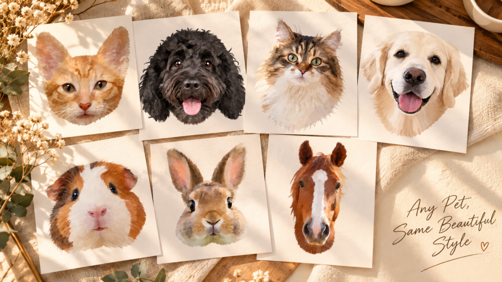 Collection of custom oil painting style pet portraits featuring a cat, kitten, Golden Retriever, black dog, guinea pig, rabbit, and horse, displayed on warm cream linen.