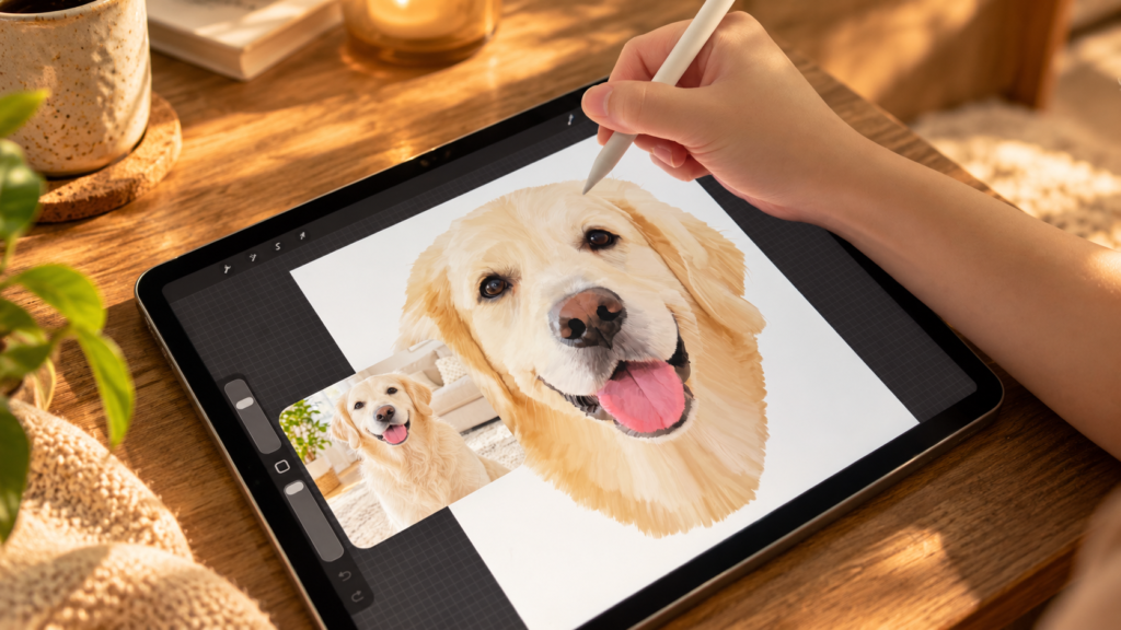 Artist creating a custom oil painting style pet portrait of a Golden Retriever on a digital drawing tablet, using a pet photo as reference in a warm, cozy studio.