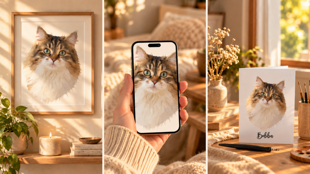 Three ways to display a custom oil painting style cat portrait: framed wall art, digital phone wallpaper, and personalized greeting card featuring a fluffy tabby cat.