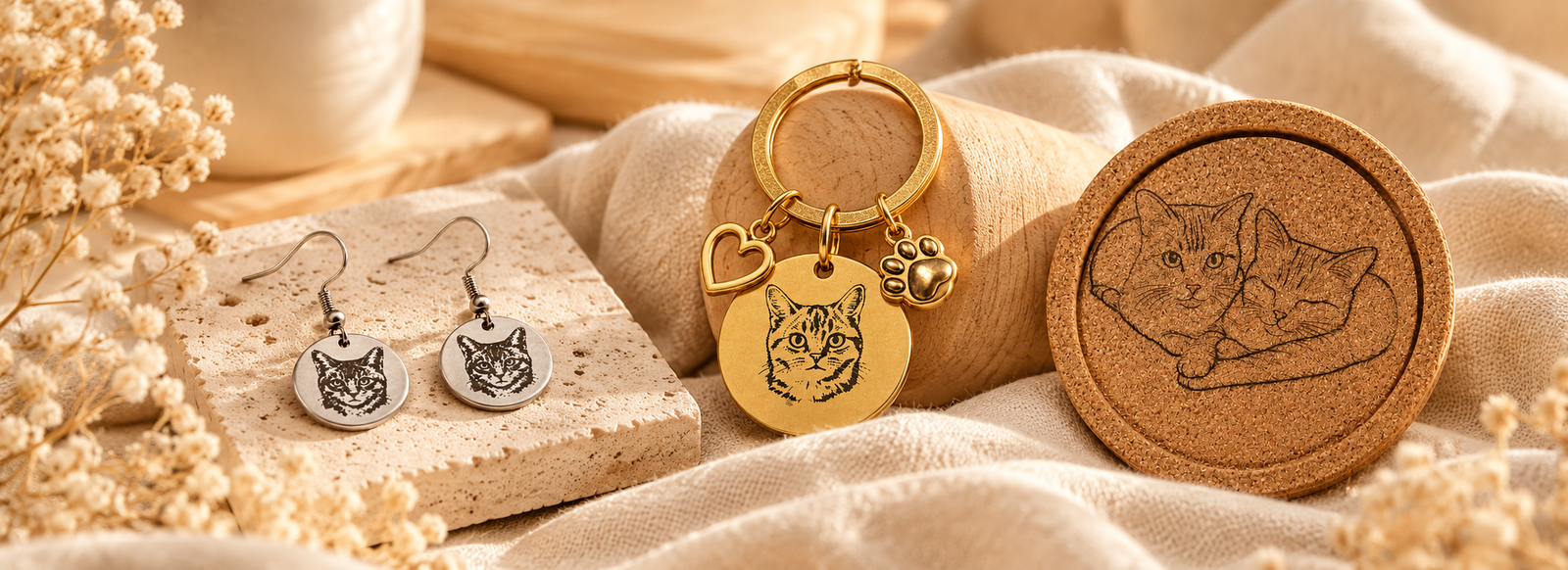 Personalized cat portrait keepsakes featuring engraved stainless steel earrings, a gold pet portrait keychain, and a cork coaster with two cats, displayed on warm cream linen.